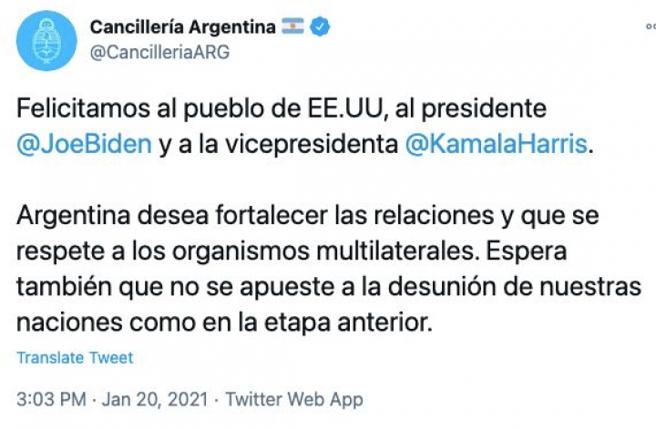 Fuertes críticas hacia Cancillería por el mensaje a Joe Biden tras su asunción