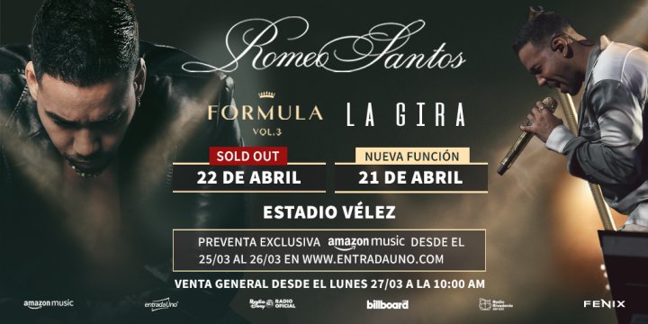 Por entradas agotadas, Romeo Santos anuncia nueva funci&oacute;n en V&eacute;lez el 21 de abril