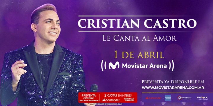 Cristian Castro le "cantar&aacute; al amor" el 1 de abril en el Movistar Arena